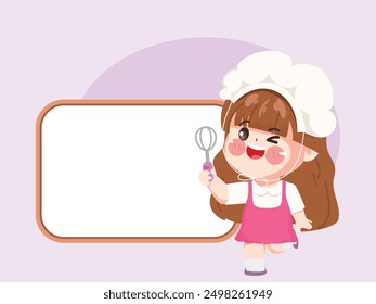 Cute chef woman in uniform character holding a Whisk. Design for sticker label design.