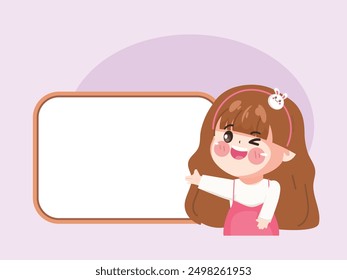 Cute chef woman in uniform character show a big banner for sticker label design.