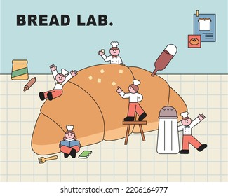 Cute chefs are making huge bread. flat design style vector illustration.