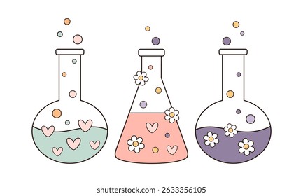 Cute Chemistry Flask clipart, groovy school supplies, back to school, cute hand drawn vector illustration in flat style	
