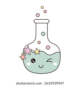 Cute Chemistry Flask clipart, groovy school supplies, back to school, hand drawn vector illustration in flat style	