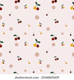 Cute cherries cartoon vector hand drawn on beige background seamless pattern. Perfect kawaii decorative elements design for fabric, cover, wallpaper, nursery room, interior, paper, decoration, texture