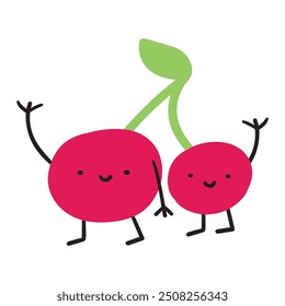 Cute cherries. Flat design. Hand drawn illustration on white background.