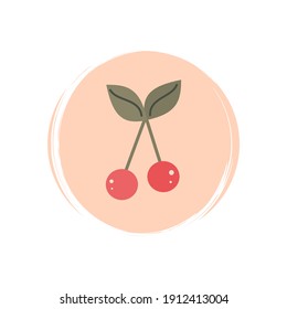 Cute cherries icon vector, illustration on circle with brush texture, for social media story and highlights