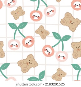 Cute cherries with kawaii happy faces and baby brown teddy bears, seamless pattern background for kids, sweet food wrapping paper, fabric and textile print