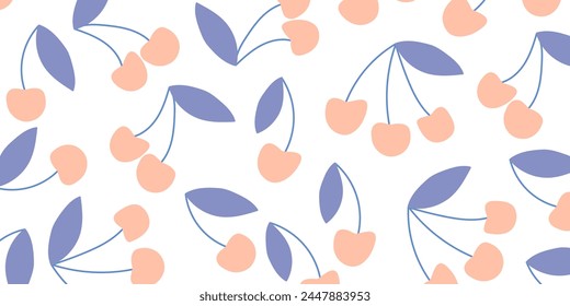 Cerezas lindas con ilustración de patrón de hojas sobre fondo blanco. Cereza para el diseño. Afiches de menú. Vector EPS 10