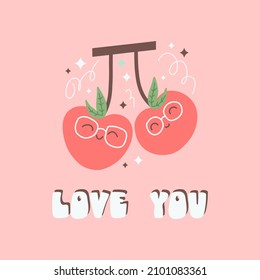 Cute cherries and lettering composition for Valentine's Day card. Berries in love and calligraphy love phrase for February 14th. Flat vector illustration isolated on pink background.