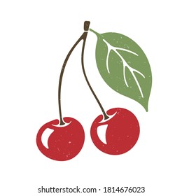 Cute cherries on a branch with a leaf isolated on transparent background. Colorful pictogram original design. Vector shabby hand drawn illustration