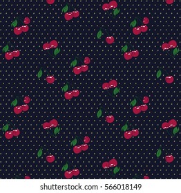 Rutsche Kirschen auf gesäubertem Stalk-Muster. Vereinfachtes minimalistisches Muster mit Polka-Punkte-Hintergrund kann bei sehr Gelegenheiten verwendet werden, wie z. B. Textildesign, Geschenkverpackung, Innenausstattung