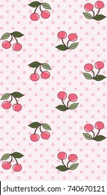 Cute cherries on leaved stalk pattern. Simplified minimalistic pattern with polka dots background may be used in a very occasions, so as textile design, gift wrapping, interior design