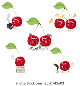 Cute cherries set, characters, funny berries, activities, leisure. Hand drawn vector illustration. Organic food, healthy, for kids menu, flyer, advertisement, wrap, label, invitation.