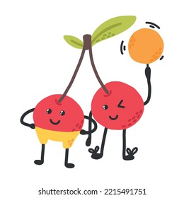 Cute Cherry With A Ball. Sports, Hobbies, Exercise. Vector Cherry Blossom Kawaii Style. Sports Healthy Cherry. The Concept Of Doing Sports.Cherry Character.