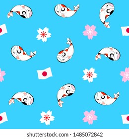 Cute cherry blossoms with Koi fish. seamless pattern background.
