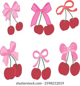 Cute Cherry with Bow Illustration Set - Playful and Aesthetic Design