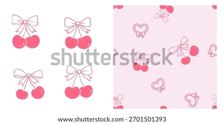 Cute cherry bow seamless pattern vector, pastel pink background with ribbon hearts and cherries outline, coquette fruit illustration for fabric, wrapping, and wallpaper.