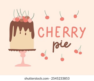 Pastel de cereza lindo aislado en el fondo. Tarjeta de felicitación con pastel de cumpleaños y letras. Ilustración vectorial dibujada a mano para impresión, tarjeta, Anuncio, camiseta y otro.