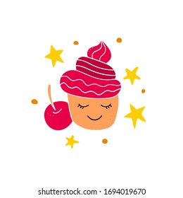 Cute cherry cake on white background with stars. Doodle and freehand drawing in the modern style. Scandinavian style clipart. Vector illustration.