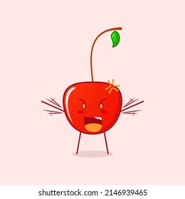 cute cherry cartoon character with angry expression. mouth open and hands shaking. red and green. suitable for logos, icons, symbols or mascots