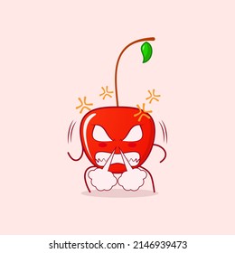 cute cherry cartoon character with angry expression. nose blowing smoke, eyes bulging and teeth grinning. red and green. suitable for logos, icons, symbols or mascots