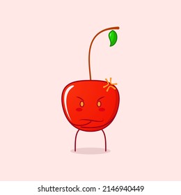 cute cherry cartoon character with angry expression. one hand on chin. red and green. suitable for logos, icons, symbols or mascots