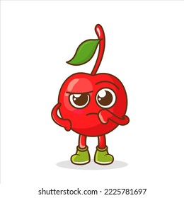 cute cherry cartoon character with confused expression. Mascot Character vector.