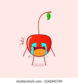 cute cherry cartoon character with crying expression, tears and mouth open. red and green. suitable for emoticon, logo, mascot and symbol