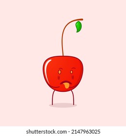 cute cherry cartoon character with disgusting expression and tongue sticking out. suitable for logos, icons, symbols or mascots. red and green