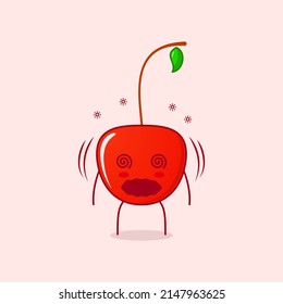 caricatura de cerezo lindo con expresión mareada y ojos rodados. verde y rojo. adecuado para emoticono, logotipo, mascota e icono