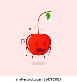 cute cherry cartoon character with drunk expression and mouth open. green and red. suitable for emoticon, logo, mascot and icon