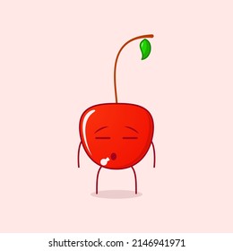 cute cherry cartoon character with flat expression. red and green. suitable for emoticon, logo, mascot and symbol