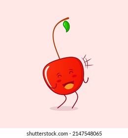 cute cherry cartoon character with happy expression. close eyes and mouth open. suitable for logos, icons, symbols or mascots. red and green