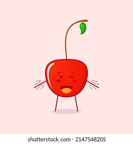 cute cherry cartoon character with happy expression. close eyes, mouth open and hands shaking. suitable for logos, icons, symbols or mascots. red and green