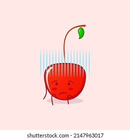 cute cherry cartoon character with hopeless expression and sit down. green and red. suitable for emoticon, logo, mascot and icon