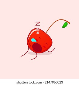 cute cherry cartoon character with sleep expression and mouth open. green and red. suitable for emoticon, logo, mascot and icon