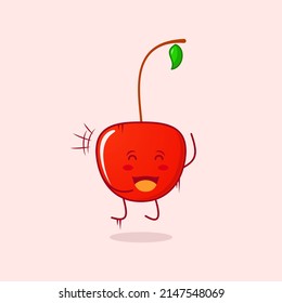 cute cherry cartoon character with smile and happy expression. jump, close eyes and mouth open suitable for emoticon, logo, icon, mascot, symbol and sign. red and green