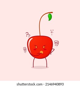 cute cherry cartoon character with thinking expression and hand placed on chin. red and green. suitable for emoticon, logo, mascot and symbol