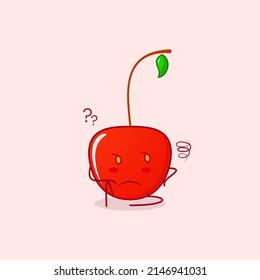 cute cherry cartoon character with thinking expression and sit down. red and green. suitable for emoticon, logo, mascot and symbol