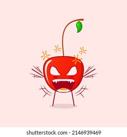 cute cherry cartoon character with very angry expression. hands shaking, mouth open and eyes bulging. red and green. suitable for logos, icons, symbols or mascots