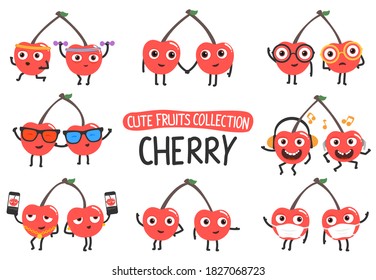 Cute cherry cartoon characters set.To see the other cute fruit vector character illustrations , please check cute fruits collection.