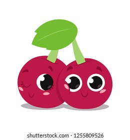 Cute cherry cartoon fruit character. Vector illustration. Isolated on white background.