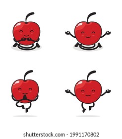 cute cherry cartoon. in a meditation pose, isolated on a white background