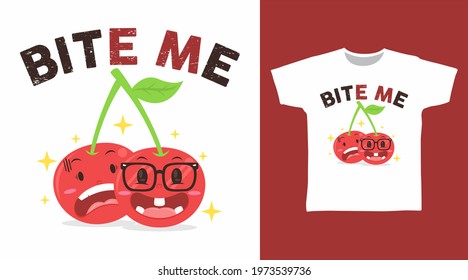 Cute cherry cartoon with typography illustration t-shirt design vector