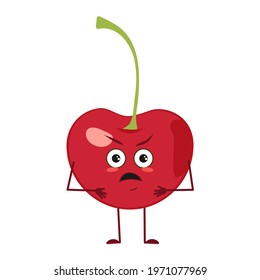 Cute cherry character with angry emotions, face, arms and legs. The funny or grumpy food hero, berry. Vector flat illustration