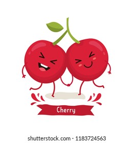 Cute Cherry Character, Cherry Cartoon Vector Illustration. Cute Fruit Vector Character Isolated On White Background