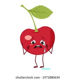 Cute cherry character with crying and tears emotions, face, arms and legs. The funny or sad hero, berry. Vector flat illustration
