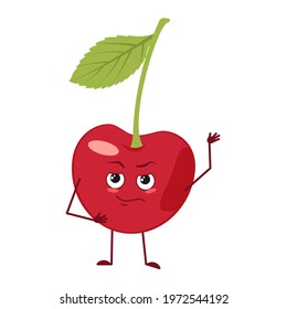 Cute cherry character with emotions, face, arms and legs. The funny or proud, domineering hero, berry with eyes. Vector flat illustration