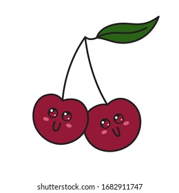 Cute cherry character with face. Kawaii doodle cherry isolated on white background. Stock vector illustration.