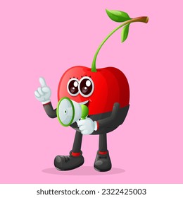 Carácter de cereza lindo con un megáfono. Perfecto para niños, mercadería y pegatinas, promoción de banners o blog
