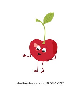 Cute cherry character with joy emotions, smiling face, happy eyes, arms and legs. A mischievous vitamin berry hero with eyes. Joyful food