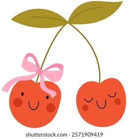 Cute cherry character with pink bow. Perfect for whimsical and playful designs. Childish style